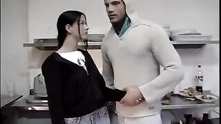 The man deprived the virgin brunette in the kitchen of her innocence