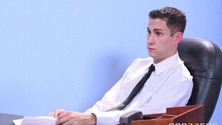 Two girls shared man’s cock in an interview setting