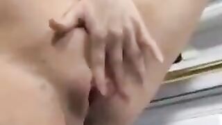 A cum shot from the swollen uterus of a pregnant woman in the kitchen