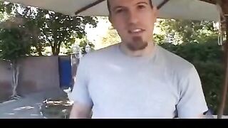 The cute girl sucks the guy's nipple and inserts it into her wet pussy