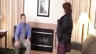 The fat woman gets fucked by her boss on the couch