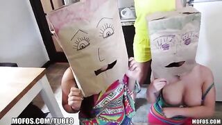 Girls put bags on their heads and fucked by a bunch of guys