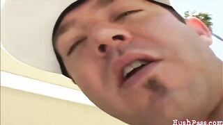 A guy shoots his cum on the huge boobs of a brunette in HD