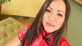 A cute Korean girl makes a blowjob for two guys