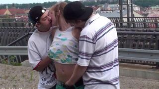 Sexy brunette in amateur threesome action with intense passion and perfect natural tits