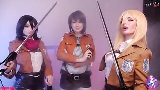 Cosplay lesbian threesome with Mikasa, Sasha, and Historia, getting their wet pussies licked clean