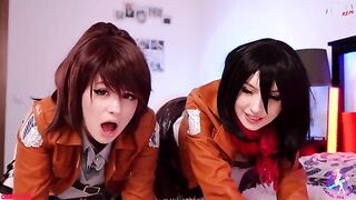 Cosplay lesbian threesome with Mikasa, Sasha, and Historia, getting their wet pussies licked clean