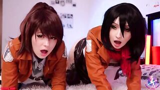 Cosplay lesbian threesome with Mikasa, Sasha, and Historia, getting their wet pussies licked clean