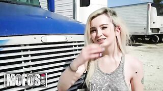 Jesse Black's help reaches out to stranded teen Lexi Lore in his truck