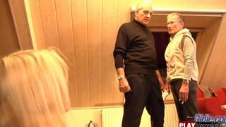 A bearded guy with gray hair fucks a young girl