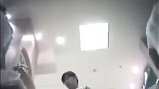 The employee secretly shoots chicks at the checkout, lifting their skirts