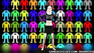 A sexy blonde girl is dancing on the strip in front of a crowd of men