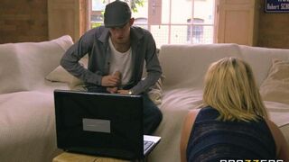 The depraved blonde mommy with big tits fucks her daughter's boyfriend on the couch