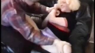 Babe fucked hard by a motorcyclist on the couch