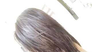 First-person sex with a young brunette with natural tits on the bed