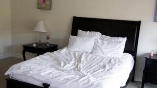 Delicate lesbian sex of two pretty blondes in the bedroom