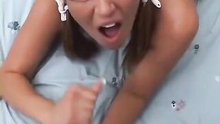 A blonde girl with glasses has sex while standing and basketing