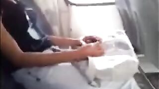 A man masturbates his dick while the pretty girl watches