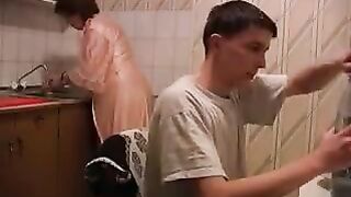 The mom is being raped in the kitchen, it's more interesting than regular incest