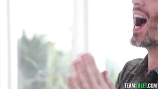 Redhead girl takes off her glasses and fucks without using condoms