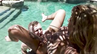 The girl pulled the guy out of the water and tried to revive him by sucking his cock and jumping on