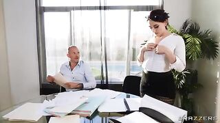 Hot brunette is being fucked by her boss and coworker on a working day