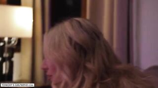 Busty blonde porn star Kayley Gunner gets foot-fucked through stockings