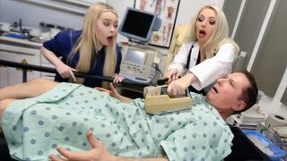 A girl is having fun with the doctor in the hospital, and another joins them