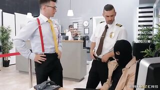 A hot bank robbery ended with a mess on the girl's pussy in stockings