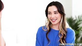 Two young girls share a guy's cock in their mouths and pussies