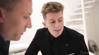 A girl in stockings has a hot sex with two guys, just like coffee heats up the body