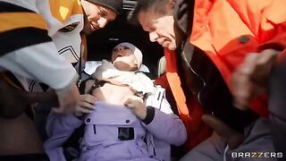 A snow angel got her pussy hammered by two cocks outside