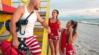 Two horny lifeguards shared a big cock in an intense FFM threesome