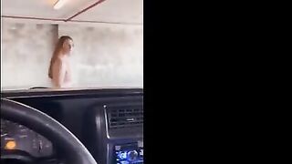 Redhead babe flashes and gets fucked in the public garage with intense orgasms