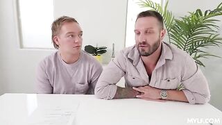 A stunning woman in stockings gets fucked by two guys and takes their cum