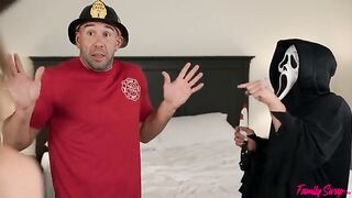 Unexpected visitors have fun with two beautiful girls in a role-playing twist