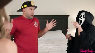 Unexpected visitors have fun with two beautiful girls in a role-playing twist