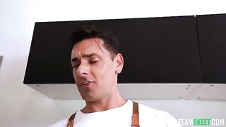 A cute girl is having her first experience with a big boy