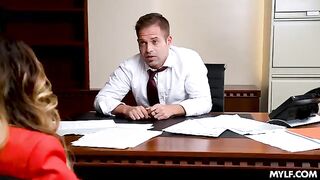 The boss fucks two delicious MILFs in the office during an audit