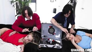 A depraved news broadcast features a wild group encounter on the couch