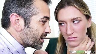A student is having fun with her teacher and principal in an office