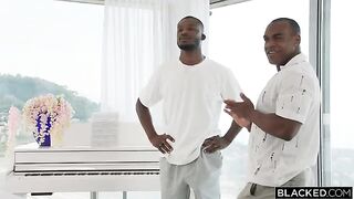 Two guys pushed their huge black cock to a sexy girl