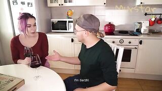 The man came to the kitchen with a thick dick and surprised the girl