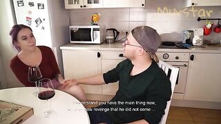 The man came to the kitchen with a thick dick and surprised the girl