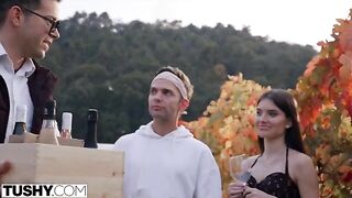 Stefany accepts the daring double penetration offer from two guys on holiday