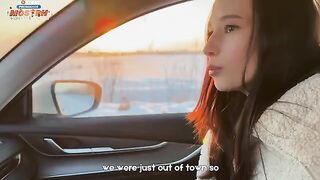 The hot girl keeps herself warm in the car with a stranger