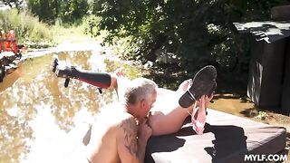 A girl distracted the guy from his thoughts by her pussy, showing off her natural tits