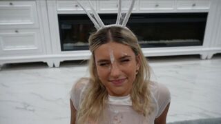 A cute girl got a face design for Halloween and then got a huge facial