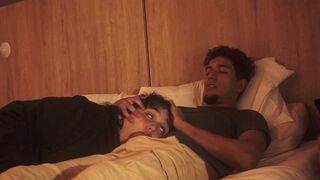 A blowjob on the bed is lazy, but so deep it makes him shake