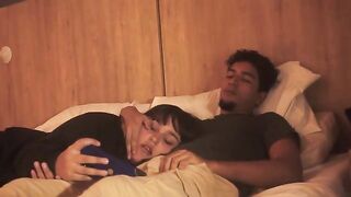 A blowjob on the bed is lazy, but so deep it makes him shake